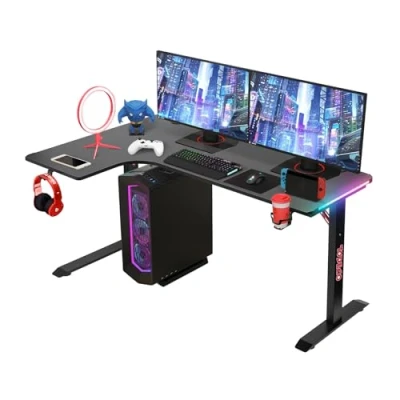 Afbeelding van Todeco L vormig hoekbureau, led speeltafel, groot gamingbureau, met koolstofvezel bureau, bekerhouder en hoofdtelefoonhaken, 140 x 100 cm