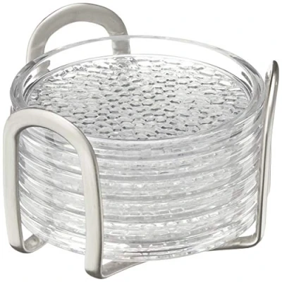 Afbeelding van iDesign onderzetterset met standaard, praktische keukenaccessoires van kunststof en roestvrij staal, set 6 glazen onderzetters, transparant zilver