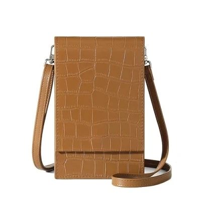 Afbeelding van David Jones Schoudertas voor mobiele telefoon dames Kleine handtas gedragen op de schouder Elegante mini tas Kunstleer Croco Stad Werk Reizen Avond, Bruin, Stijlvol