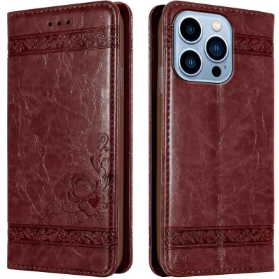 Afbeelding van Cadorabo Hoesje geschikt voor Apple iPhone 13 PRO in Donker Rood met ornamenten Beschermhoes magnetische sluiting, standfunctie en kaartvakje Case Cover Etui