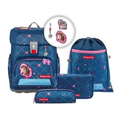 Afbeelding van Step by Schooltassenset Cloud 5 delige Tornister ergonomische met reflectoren, in hoogte verstelbaar buikriem, vanaf de 1e klas, 19 l, Paardenlima blauw/roze, Schooltas