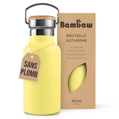 Afbeelding van Bambaw® 350ml RVS Thermosfles Isoleerfles, Dubbelwandig, Milieuvriendelijk, Lekvrijen, loodvrij en Plasticvrij Geïsoleerde Fles met Bamboe Deksel voor Warme Koude Dranken Ideaal Reizen, Werk, Yoga, Wandelen Dagelijks Gebruik geel