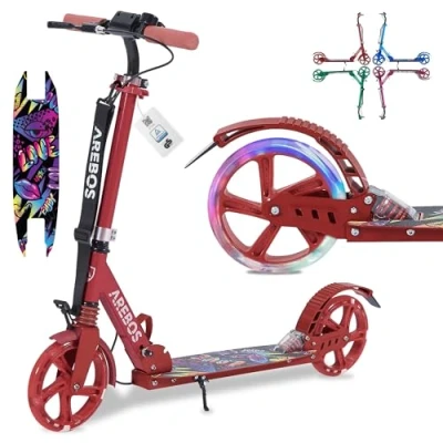 Afbeelding van AREBOS kick scooter stadsstep kinderstep volwassen rood met led banden