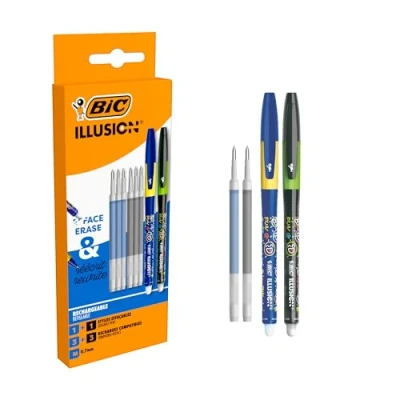 Afbeelding van BIC Illusion Uitwisbare en navulbare balpennen navullingen Blauwe zwarte inkt Doos met 2 pennen 6 Medium Punt 0,7 mm
