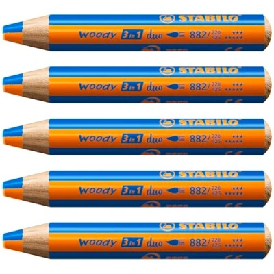 Afbeelding van STABILO woody Duo kleurpotloden, aquarel en waskrijt, 3 in 1, duo, tweekleurige vulling, oranje/middelblauw, 5 stuks