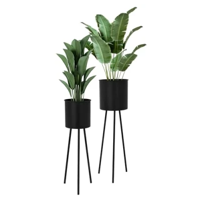 Afbeelding van ML Design Set van 2 plantenhouders, 22 x 22,5 66 cm/23 26 79 cm, rond, zwart staal, metalen bloempothouder, decoratieve bloemenstandaard, moderne bloemenkruk, voor woonkamer, entree