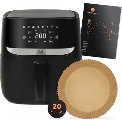 Afbeelding van JAP Appliances Aspire XXL Airfryer (5.6 liter) Inclusief 20 stuks bakpapier 1, 2 tot 6 personen Digitaal Kookboek 8 Automatische Programma&#039;s Grote XL Heteluchtfriteuse touchscreen PFAS vrij 1700W