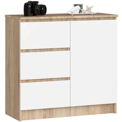 Afbeelding van AKORD K 80 Jerry Commode met 3 laden, 2 planken en 1 deur, voor woonkamer, slaapkamer, modern, gelamineerde plaat 16 mm, x 77 35 cm, Sonoma eiken + witte voorkant