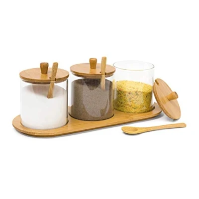 Afbeelding van Relaxdays kruidenpotjes JIAO bamboe kruidenpot kruidenrek kruidenhouder glas