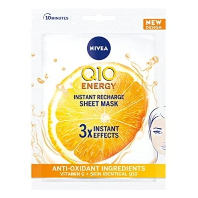 Afbeelding van NIVEA Q10 + C Power anti rimpel masker energieblad (1 stuk), aging hydraterend met vitamine C, gezichtsmasker co enzym Q10, crèmemasker