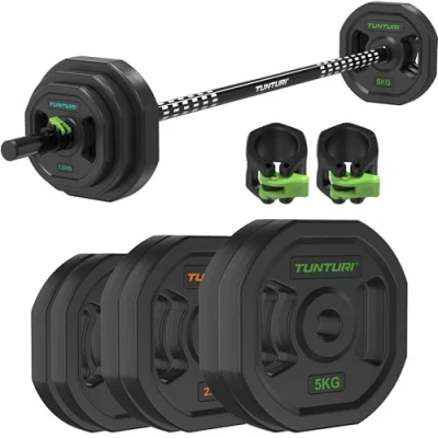 Afbeelding van Tunturi Aerobic Pump Gewichtenset 20kg Halterset van rubber Incl. halterstang met 6 schijven Barbell set gratis fitnessapp