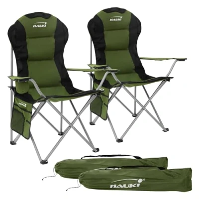 Afbeelding van Hauki campingstoel set van 2 opvouwbaar, blauw, visstoel met bekerhouder &amp; draagtas, tot 150 kg, oversized opvouwbare stoel hoge rugleuning, gewatteerde stoel, draagbare