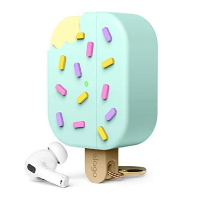 Afbeelding van elago IJshoes compatibel met AirPods Pro 2, 2e generatie hoes, inclusief karabijnhaak, ondersteunt draadloos opladen, volledige bescherming (mint)