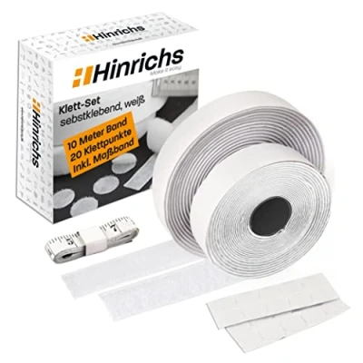 Afbeelding van Hinrichs Set witte klittenbandsluitingen 1 x extra sterk zelfklevend klittenband 10 m 2 cm + 20 Zelfklevende klittenbandstippen Ø klittenbandsluiting Met meetlint