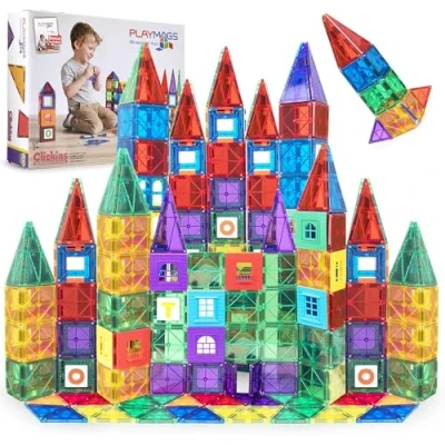 Image de Playmags Ensemble De 100 Blocs Magnétiques 3D Pour Enfants Jouets À Aimant Puissant STEM Construction Tuiles Colorées Et Durables Livre D&#039;idées