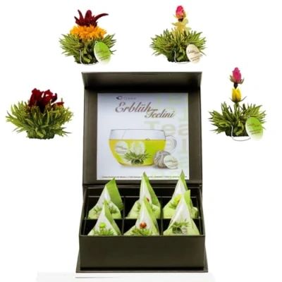 Afbeelding van Creano Cadeauset met Thélini theebloemen in magnetische doos groene thee 6 4 verschillende soorten