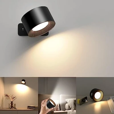 Afbeelding van Led wandlamp voor binnen, 3 helderheidsniveaus, kleurmodi, bedlamp, draadloos, 360 graden draaibaar, woonkamer, slaapkamer, hal (zwart)