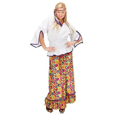 Afbeelding van Widmann Hippie Kostuum Lange Jurk Vrouw Fluweel Wit / Beige, Multicolor Small Carnavalskleding Verkleedkleding