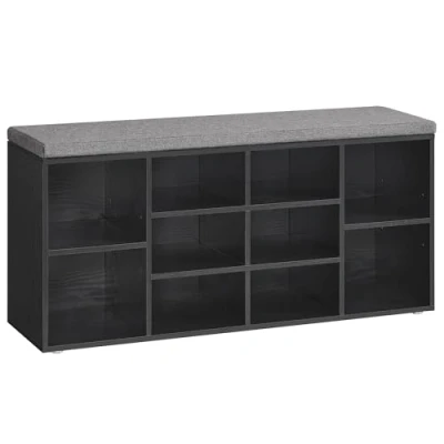 Afbeelding van VASAGLE Schoenenbank, opbergbank met gevoerd kussen, 10 vakken, verstelbare planken, voor woonkamer, hal, 30 x 104 48 cm, houtzwart LHS010B07