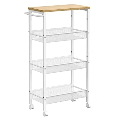 Afbeelding van VASAGLE LRC033W09 Keukenwagen met 4 niveaus, smal keukenrek wieltjes, stalen frame, handgreep, kleine ruimte, 22 x 45,5 77 cm, keuken, badkamer, woonkamer, kantoor, kleur eiken en wit
