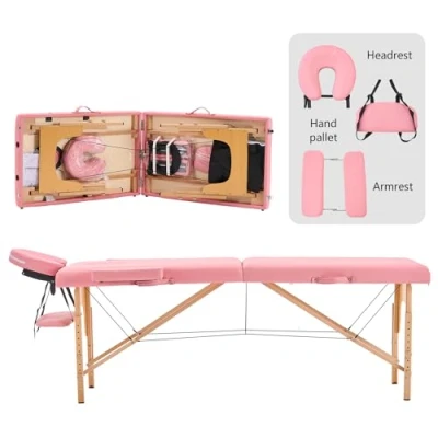 Afbeelding van YOUNIKE Professionele opvouwbare massagetafel, 60 cm, breed, esthetisch, professioneel, hout, verzorgingstafel, tattoo, armleuningbed, massage, tafel, wimpers, draagbaar, 2 secties, roze