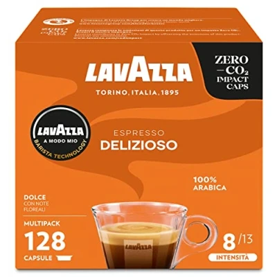 Image de Lavazza A Modo Mio espresso Délicieux, 128 capsules de café, pour un avec des notes aromatiques fleurs, 100% Arabica, intensité 8/13, torréfaction moyenne, 8 paquets x 16