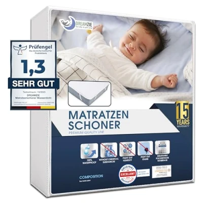 Afbeelding van Dreamzie Waterdichte matrasbeschermer, gemaakt in Europa en Oeko Tex gecertificeerd, matrasbeschermer van katoen, ademend, met 70 elastische hoeken, x 140 cm