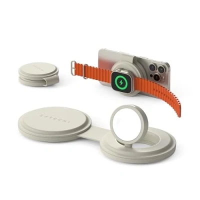 Afbeelding van SATECHI OntheGo™ Inductie oplader, 2 in 1, opvouwbaar, Qi2 snellaadstation 15 W voor iPhone, 5 Apple Watch, magnetische draadloze ideaal op reis, beige