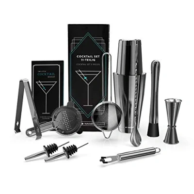 Afbeelding van Navaris 11 delige roestvrij stalen cocktailset Luxe cocktail shaker set Met shaker, barmaatje, strainer, ijstang en meer Donkergrijs