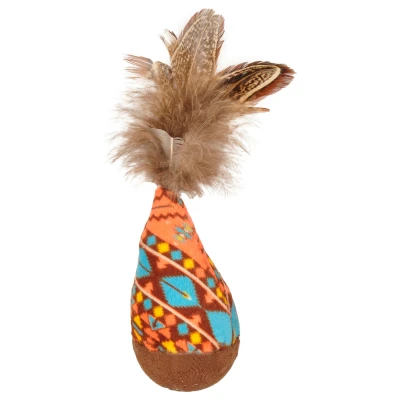 Afbeelding van Flamingo Indy Wiebelspeeltje Met Veren Kattenspeelgoed 45x45x130 mm Beige Oranje Turquoise