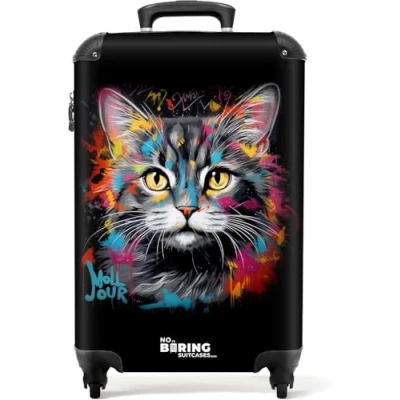 Afbeelding van NoBoringSuitcases.com® Handbagage koffer lichtgewicht Reiskoffer trolley Kat met kleurrijke penseelstreken Rolkoffer wieltjes Past binnen 55x40x20 en 55x35x25