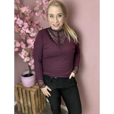 Afbeelding van Only Carmakoma CARTILDE RIB LACE L/S TOP JRS NOOS Mauve Wine