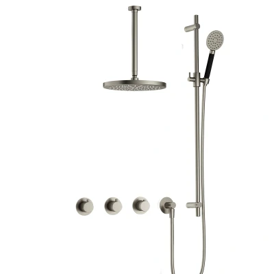 Afbeelding van Hotbath Cobber Regendoucheset IBS70 Geborsteld Nikkel Ronde handdouche 20cm Hoofddouche 30cm Plafondbuis Handouche met glijstang