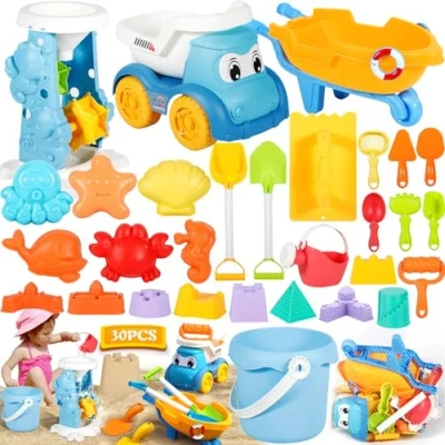 Afbeelding van ZQEJEFD Strandspeelgoed, 30 stuks, zandbakken, strandspeelset voor kinderen, met nettas, waterwiel, schep, hart, strand, kasteel, zandvormen, speelgoed binnen of buiten