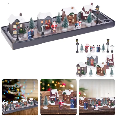 Afbeelding van Cheqo® Kerstdorp Verlicht Kersttafereel Kerstdecoratie Kerst Dorp 14 Delige Set Polyresin Kersthuisjes Batterij Aangedreven