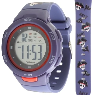 Afbeelding van KIDDUS Digitaal horloge voor meisjes en jongens vanaf 3 jaar. Stopwatch, kalender, wekker, achtergrondverlichting. Waterbestendig. Sportief led polshorloge kinderen.