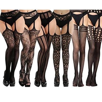 Afbeelding van DRESHOW 6 paar Sexy Elastische panty&#039;s voor dames met hoge taille, visnet kousen, dijbeen,