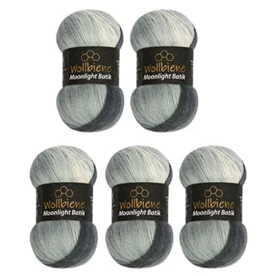 Afbeelding van Wollbiene Moonlight Batik Breiwol, 5 x 100 g, 500 20% Turkse wol, kleurverloop, 5000 zwart, grijs, wit