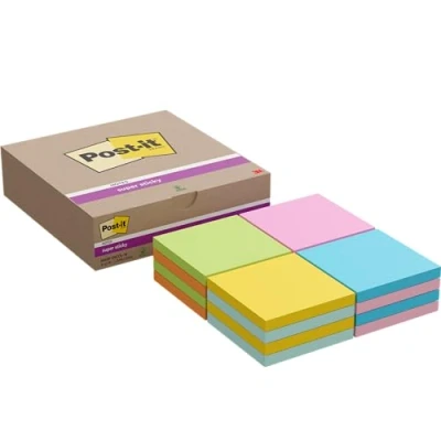 Afbeelding van Post it super Sticky Notes, verschillende kleuren, pak met 16 blokken, 90 vellen per blok, 76 mm x mm, oranje, blauw, geel, groen, roze, zelfklevend voor notities en takenlijsten