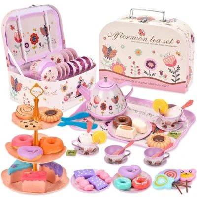 Afbeelding van TOSUTO Theeservies voor kinderen, 52 delig, kinderservies, speelkeuken, poppenservies met kopjes, borden en accessoires, theefeest kinderen meisjes van 3, 4, 5, 6, 7