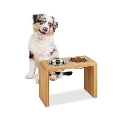 Afbeelding van Relaxdays 10028858 dubbele voerbak, 2 voerbakken van staal, grote honden, water en voer, verhoogd, bamboe, 31 x 45 20,5 cm, natuur, natuurlijk, zilver, 1 element