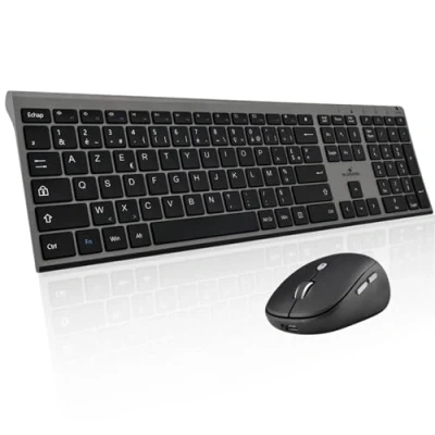 Afbeelding van BlueStork Grapheme draadloos toetsenbord en muis pakket met slimme dongle stille klikken ultradun design ergonomisch oplaadbaar grijs AZERTY FR