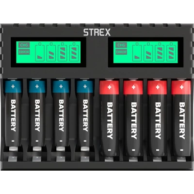 Afbeelding van Strex Batterij Oplader 8x AA/AAA Batterijen USB Oplaadbaar LCD Display Universele Batterijlader Voor Oplaadbare