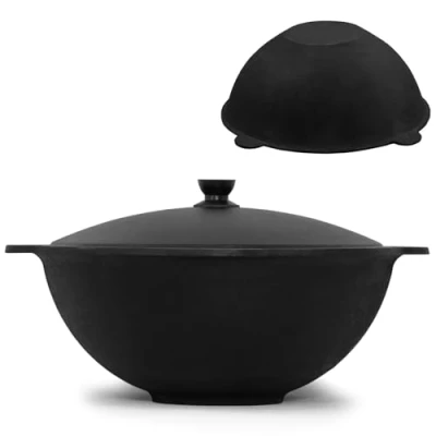 Afbeelding van 4BIG.fun Kazan Namangan Uzbek Asia Wok 8 liter gietijzeren pot met aluminium deksel, platte bodem, Usbek