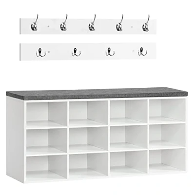 Afbeelding van HOOBRO Schoenenbank, opbergbank met 12 vakken, schoenenrek, kapstok, 100 x 30 48 cm, ingang, hal, slaapkamer, wit en grijs EWT112HX01
