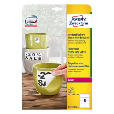 Image de Avery zweckform l4715rev 20 étiquettes résistant aux intempéries 99,1 x 67,7 mm feuilles blanc lot de 160