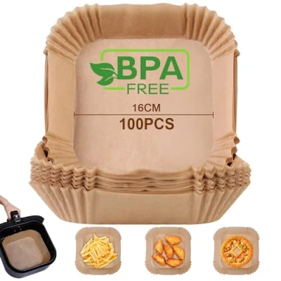Image de AiQInu Papier Sulfurisé pour Air Fryer, 100 Pièces 16cm Cuisson Paper Liner, Food Grade BPA gratuit, Jetable Antiadhésive Sans Huile Parchemin Accessoires 4.5 6L Friteuse