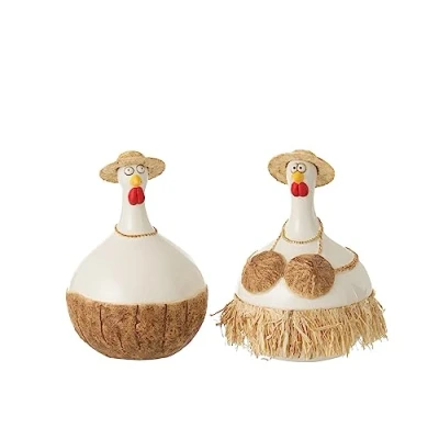 Afbeelding van J Line figuur Kip Kokosnoot keramiek wit/naturel large 2 stuks