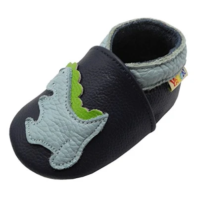 Afbeelding van YALION Pantoffels van zacht leer, voor baby&#039;s, meisjes en jongens, antislip, eerste stapjes kinderen, Marineblauwe dinosaurus