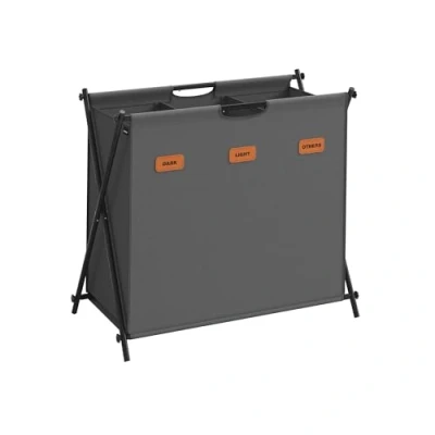 Afbeelding van SONGMICS wasmand, 135 l, wasbox, 3 vakken, opvouwbaar X frame, afzonderlijke etiketten, voor bijkeuken, slaapkamer, badkamer, leigrijs LCB130G01